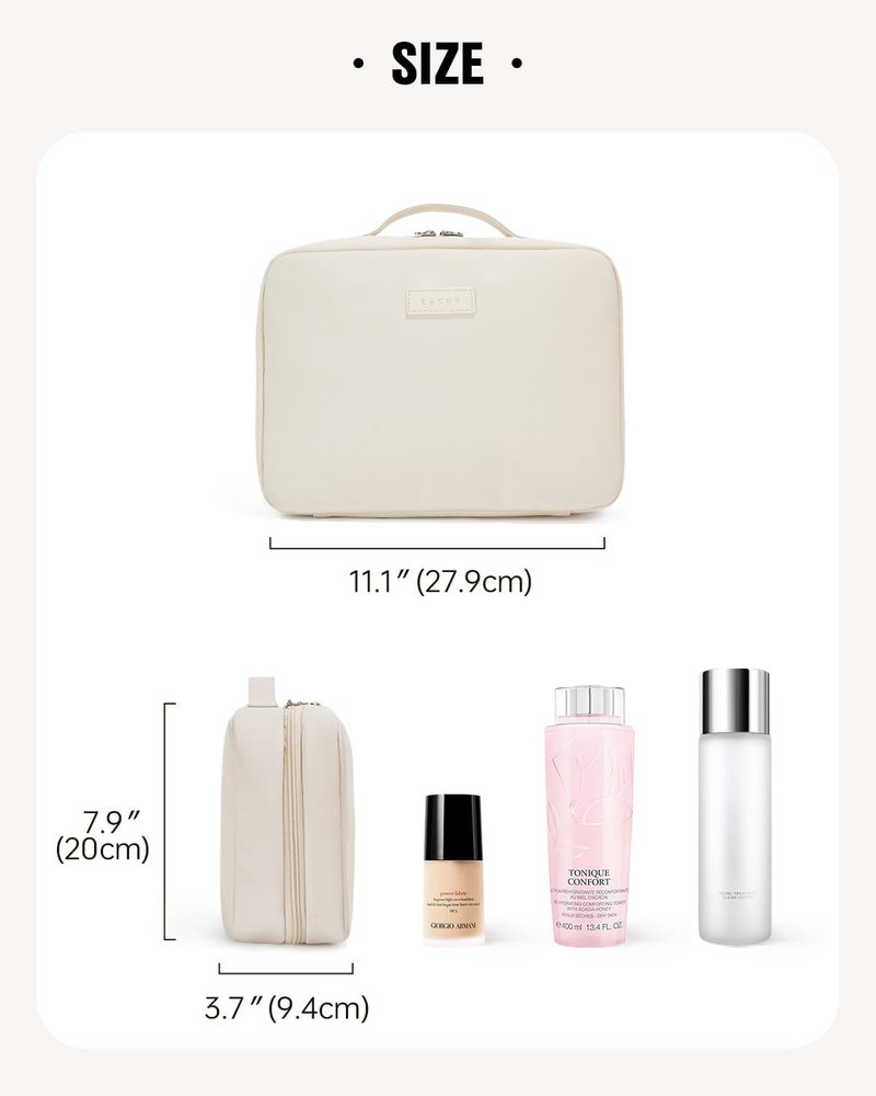 EACHY Toiletry Bag - Waterproof Makeup Organizer with Hanging Hook | Full-Size PU Leather in Beige