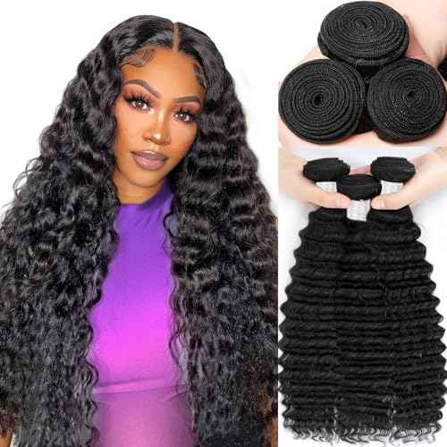 12A Human Hair Bundles 18 20 22 Inch Deep Wave Bundles Human Hair 100% Unprocessed Brazilian Virgin Deep Curly Weave 3 Bundles Hair Extensions for Women Natural Color