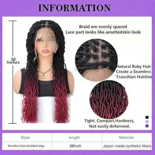 Ombre Red Goddess Faux Locs Wigs for Black Women Full Lace Knotless Glueless Boho Curly Braid Wig with Baby Hair Long Dreadlock Hippie Locs Twist Synthetic Wig 30 inch