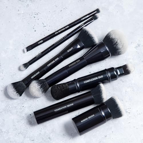 Lune+Aster Contour Duo Brush | Dual-Ended Contour Makeup Brush To Sculpt And Highlight. Made with Alumium Handle, Vegan Bristles.