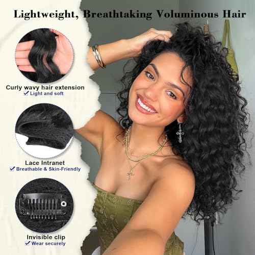 18 Inch Curly Wavy Clip in Hair Extensions 4PCS,QGZ Heat-Stylable Synthetic Lace Weft Extensions for Women, Black for Daily & Party Wear