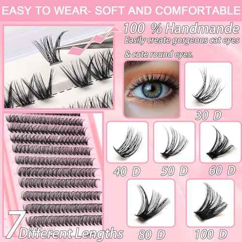 Lash Clusters Kit, Eyelash Clusters Individual Lash Extension Kit 480 Pcs D Curl Fluffy Wispy False Eyelashes Extensions Thin Band with Bond Seal Tweezers Brush Removers (40D+50D KIT)