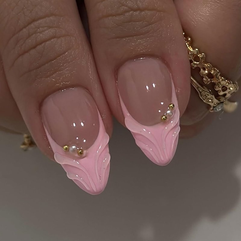 30Pcs 3D Pink Press on Nails Almond Medium False Nails White French Tip Fake Nails with Gold Bead Flower Rhinestones Design Cute Glue on Nails Artificial Spring Flower Acrylic Nails for Women Manicure