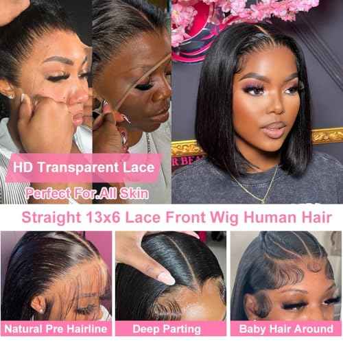 13x6 Bob Lace Front Wig Human Hair 12 Inch Short Straight Bob Frontal Wigs Pre Plucked With Baby Hair Hd Transparent Lace 200% Density Glueless Bob Wigs for Black Women