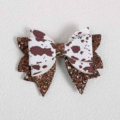 2 Pack 3.5-Inch Glitter Sparkly Brown Cow Hair Bow Clips for Western Cowgirls Cute Moo Cow Alligator Hairpins Barrettes Toddler Teens Women Kids Birthday Party Decorations Gift