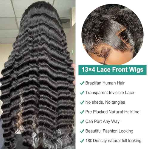 26 Inch Lace Front Wigs Human Hair Deep Wave 13x4 Human Hair Wigs for Women 180 Density Glueless Lace Frontal Wigs Brazilian Virgin Pre Plucked Bleached Knots (26 Inch)