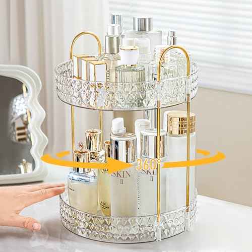 Rotating Makeup Organizer for Vanity, 2 Tier Perfume Skincare Storage for Women, Bathroom Counter Organizer, 360 Spinning Cosmetic Holder for Dresser Countertop, Clear