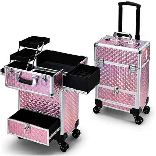 Rolling Makeup Case with Drawer Cosmetology Case on Wheels Makeup Trolley Sliding Drawer Makeup Travel Case for Esthetician, Mobile Stylist, Manicurist Barber Case Traveling Cart Trunk Glitter Pink