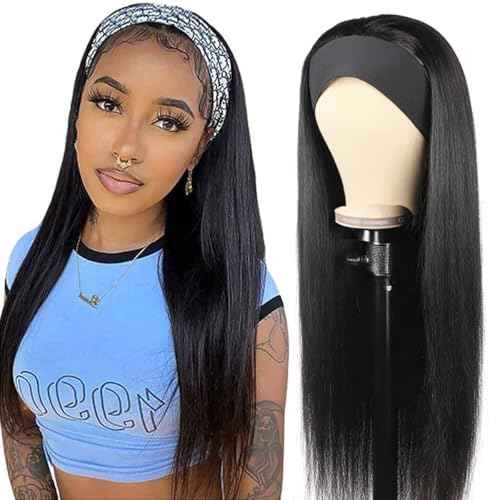 Straight Headband Wig Human Hair Brazilian Virgin Human Hair Wigs for Black Women Glueless Half Wig Machine Made No Lace Front Headband Wig Natural Black Color 22 Inch