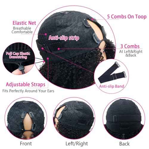 V Part Wigs Human Hair For Women 200% Density Upgrade Afro Kinky Curly V Part Wigs Human Hair Beginner Friendly No Glue V Part Wigs With Drawstring Natural Color(12 Inch)
