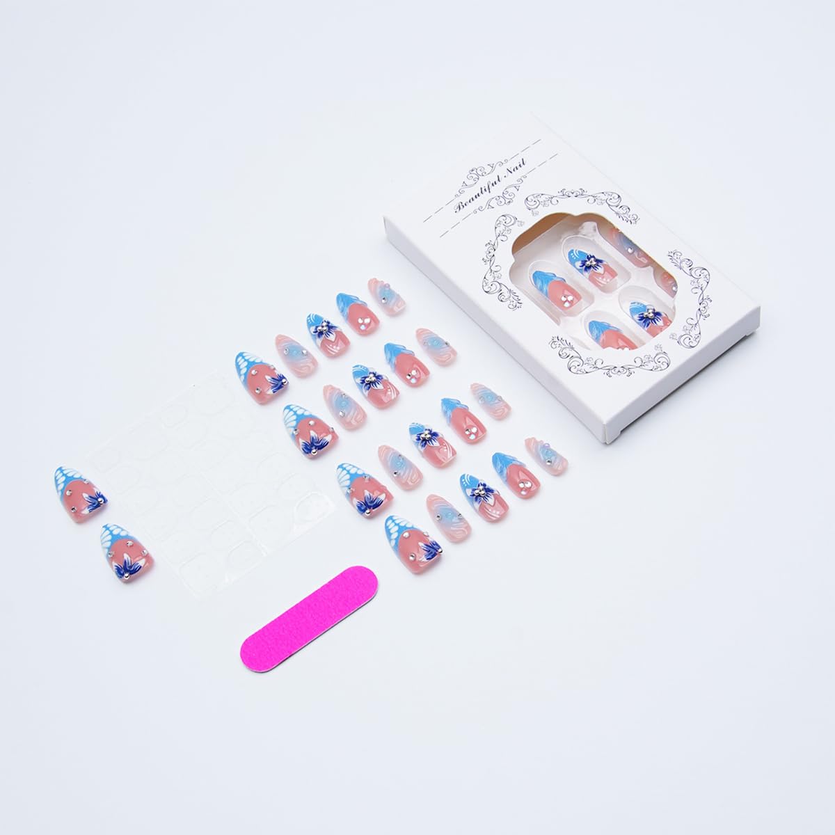 Skiennix Press-On Nails - 30 Pcs Summer Blue Flower Design with Rhinestones | Medium Almond Shape, Glossy Finish