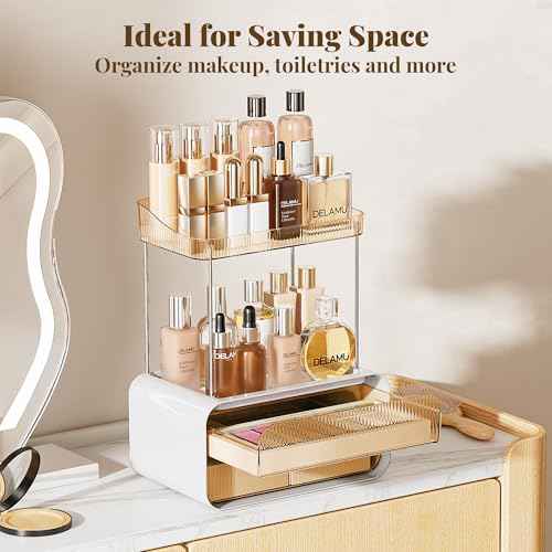 Delamu Bathroom Counter Organizer 2-Drawers 2-Tier Acrylic Makeup Organizer for Vanity Countertop, Skincare Perfume Storage, Easy Assembly, Ideal for Women, Bath Linen Sets, Amber