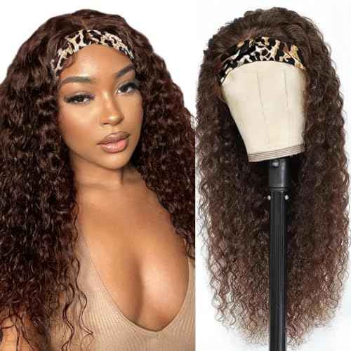Chocolate Brown Headband Wig Human Hair Deep Wave Human Hair Wigs for Black Women 20 Inch Curly Headband Wig Glueless None Lace Front Brazilian Virgin Hair Wear and Go 150% Density