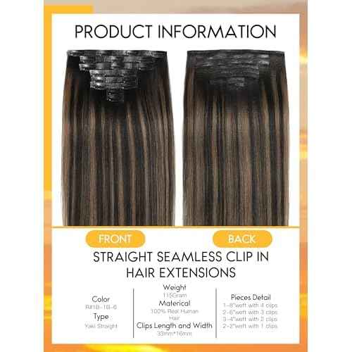 Caliee Seamless Yaki Straight Clip in Hair Extensions Human Hair 22 Inch Natural Black Mixed Chestnut Brown Seamless Yaki Straight Clip ins for Women Invisible PU Weft 115G 8 PCS Soft