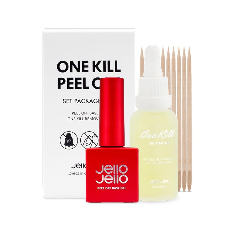 JelloJello Peel-Off Base Gel (10ml) + One Kill Gel Remover (30ml) Set Peelable Nail Base, Easy Removal, Self Nail, UV/LED Cure