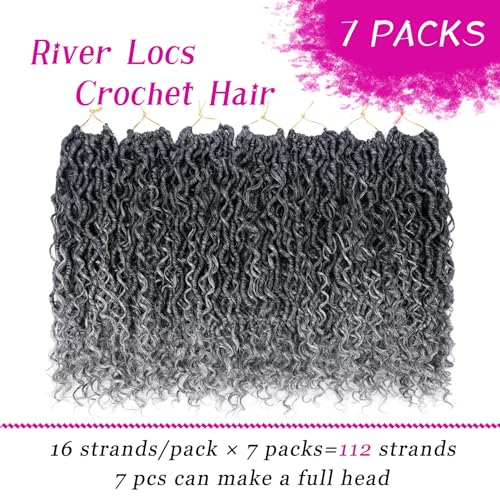 Goddess Locs Crochet Hair 14 Inch 7 Packs Ombre Grey Boho Faux Locs Crochet Hair for Black Women Pre Looped Crochet Locs with Curly Ends (1B/Gray)
