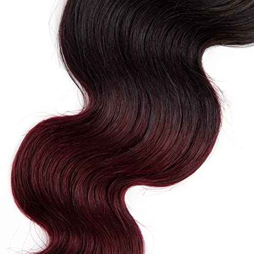 Ombre Brazilian Virgin Hair Body Wave Human Hair Bundles 12+14+16 inch 3 Bundles 100% Virgin Hair Bundles 2 Tone Black to Burgundy Human Hair Weave(12 14 16, T99J#)