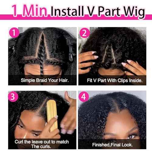 V Part Wigs Human Hair For Women 200% Density Upgrade Afro Kinky Curly V Part Wigs Human Hair Beginner Friendly No Glue V Part Wigs With Drawstring Natural Color(12 Inch)
