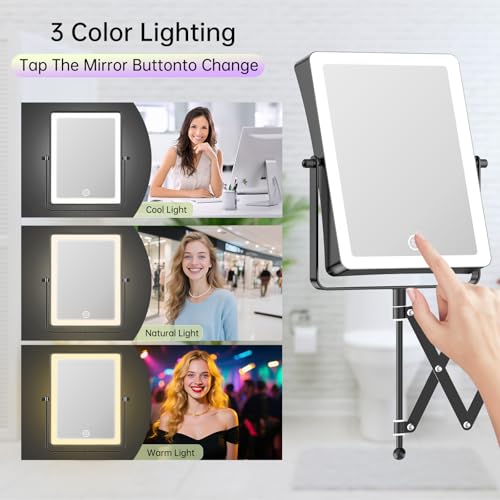 FASCINATE Rechargeable Wall Mounted Makeup Mirror with Lights, 8.7 Inch Double Sided Touch Switch 1X 30X Magnifying Bathroom Mirror, 3 Color Lights Touch Dimmable Extended Arm 360¡ÆRotation (Black)