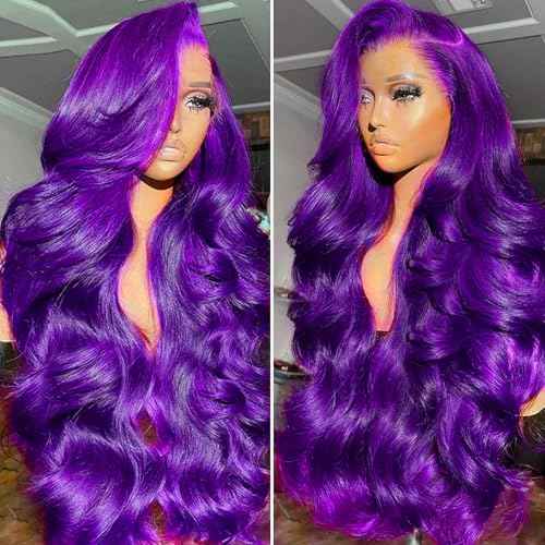 Purple Glueless Wigs Human Hair Pre Plucked With Baby Hair 200% Density Purple 5x5 Body Wave Lace Front Wigs Human Hair for Black Women HD Transparent Lace Frontal Wigs Human Hair 22 Inch