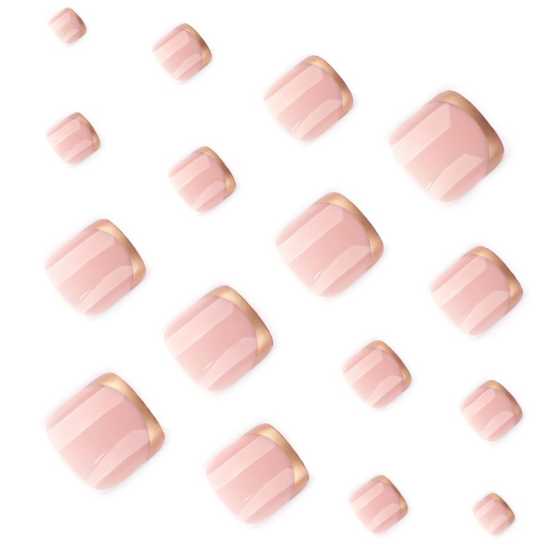 Gold French Tip Press on Toenails Short Square Fake Toenails Glossy Full Cover Stick on Toe Nail Spring Summer Toes for Women Manicure 24Pcs