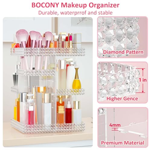 Rotating Makeup Organizer, Large Capacity Cosmetic Display Case, Acrylic Skincare Organizer with Makeup Brush, Makeup Storage Organizer for Dresser Countertop and Bathroom Vanity - Clear