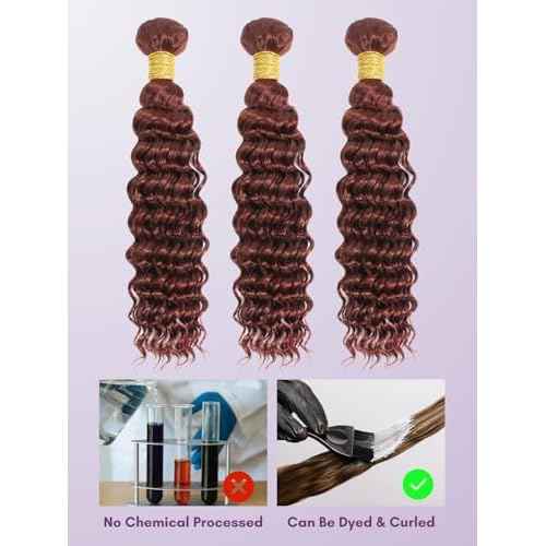 Reddish Brown Deep Wave Single Bundles Human Hair 24 Inch, 12A 100% Unprocessed Virgin Brazilian Weaves Thick Track #33B Auburn Copper Red Curly Water Wavy Colored Human Hair Bundles Remy Sew In