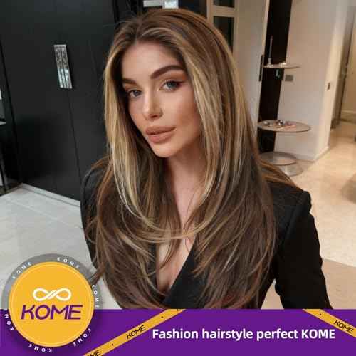 Brown Highlight Synthetic Lace Front Wig, 13X6 HD Long Straight Layered Glueless Wigs for Women Daily Use 26IN £¨TT6/116 £©