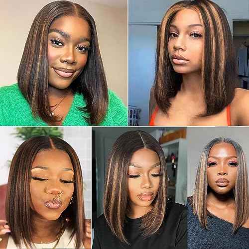 Straight Highlight Ombre Bob Wig Human Hair 4x4 Lace Front Wigs 1b/30 Colored Highlights Honey Blonde Lace Closure Wigs Glueless Pre Plucked Hairline 180% Density Bob Wigs for Women 12 Inch