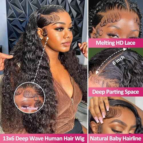 Deep Wave Lace Front Wigs Human Hair 200 Density 13x6 HD Lace Frontal Wigs Pre Plucked Curly Human Hair Wig Wet and Wavy Lace Front Wigs Glueless Wig For Women (20 Inch)