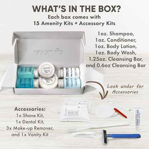 Terra Pure White Tea & Coconut Amenity & Accessory Kit |1oz Travel Size Shampoo, Conditioner, Lotion, Body Wash, 2 Cleansing Bars, Shave & Dental Sets, Make-Up Remover Wipes, & Vanity Kit | 15 Boxes