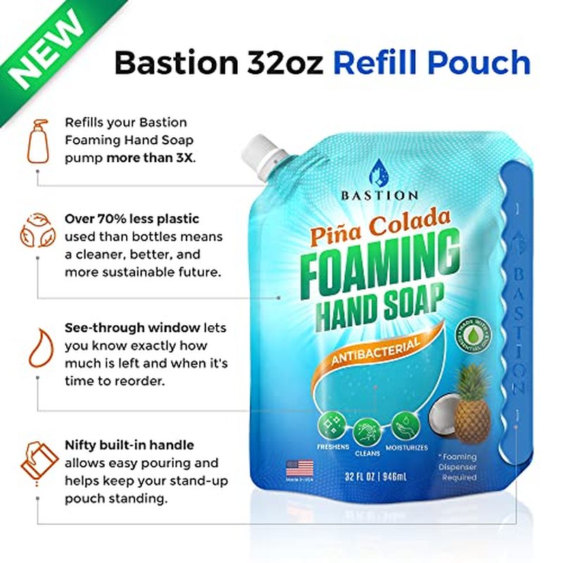 Bastion Foaming Hand Soap Refills - 32oz Pouch, Pina Colada Scented Antibacterial Foam Wash