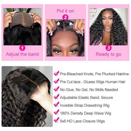 Hidden Strap Deep Wave 5x5 HD Lace Closure Wigs Human Hair Invisible Strap Pre Plucked Pre Cut Bleached Konts Glueless Wigs Human Hair 180% Denisty Deep Curly Closure Wigs with Drawstring 22 inch