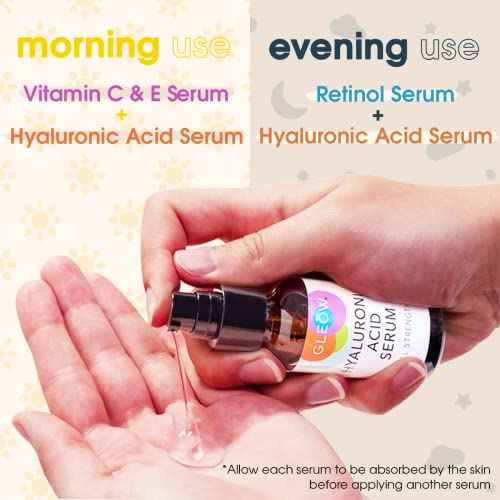GLEOW Retinol Serum for Face, Vitamin C with Hyaluronic Acid Face Serum for Women and Men, Glow Skin Care Set Total Package Targets Appearance of Uneven Skin Tone and Dryness 3x1oz