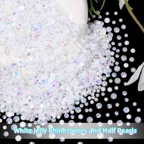 12000 Pcs White Flatback Pearls and Rhinestones for Crafting, 3-5 mm Jelly Resin Rhinestones, Mixed Size Half Pearl Bedazzling Gems for Nail DIY Crafts Mugs Bottles Tumblers Clothes Makeup