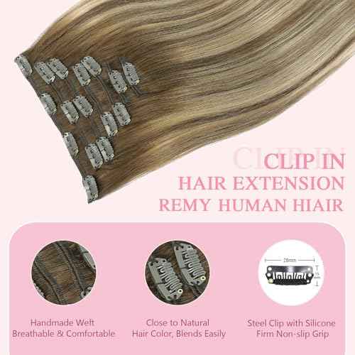 PINKPEARL Clip in Hair Extensions Human Hair, Remy Human Hair Clip ins for Women #4/27/4 Chocolate Brown to Caramel Blonde Balayage Clip Hair Extensions 7pcs 120g 18inch(#4/27/4-18)