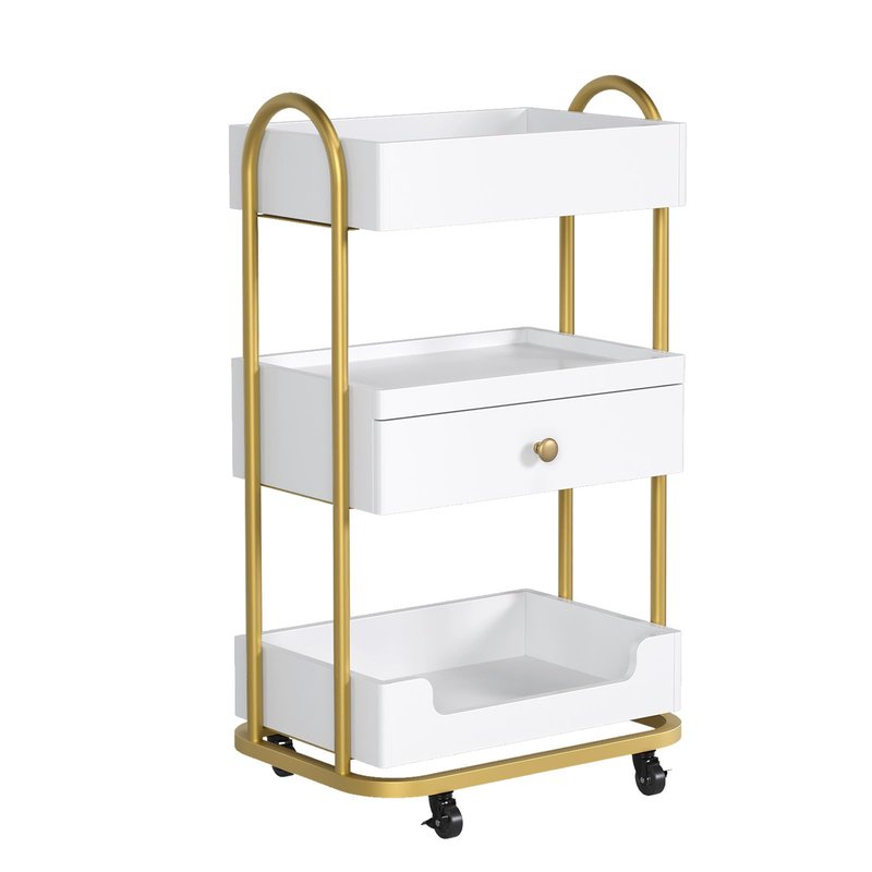 OmySalon Salon Trolley Cart, Hair Styling Station with 3 Trays & 1 Drawer, 2 Lockable Wheels, Esthetician Cart Mobile Storage Cabinet for Beauty Spa Barbershop, White
