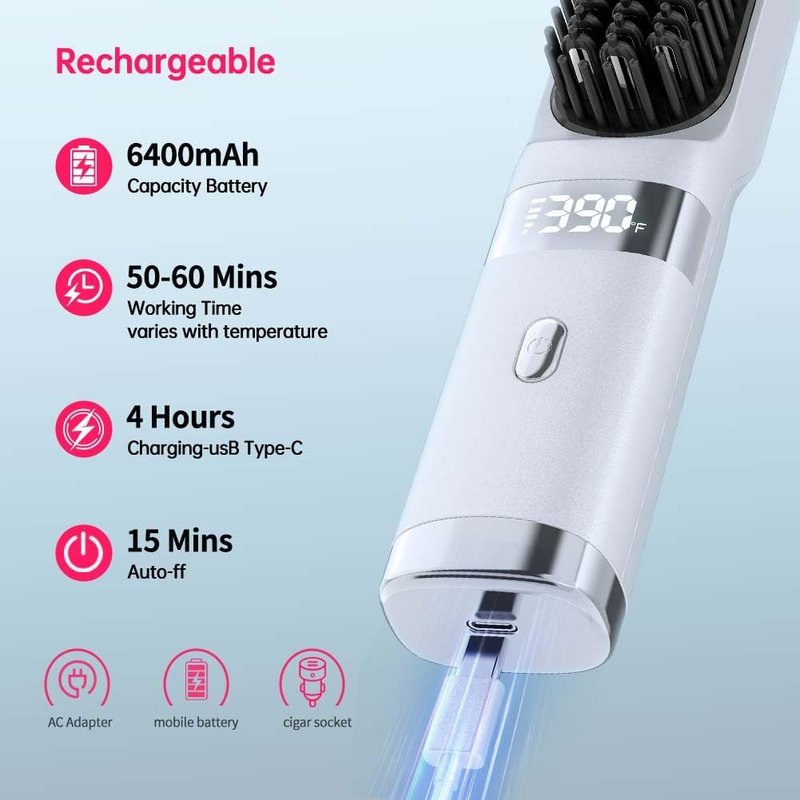 Skiennix Cordless Hair Straightener Brush - Portable Travel Comb with Fast Heating & LCD Display (White)