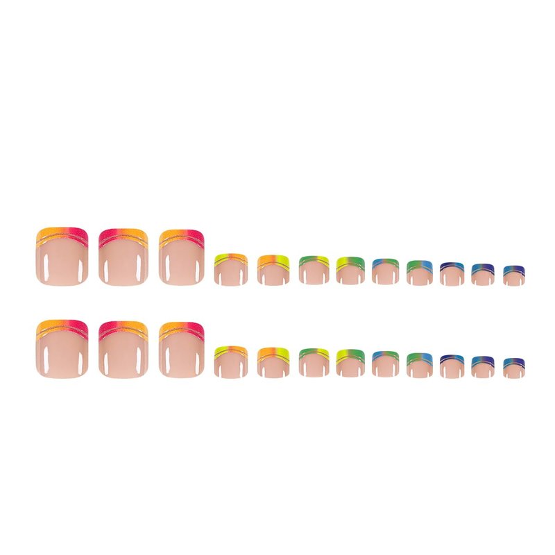 Skiennix 24Pcs French Toe Nail Press-Ons | Pink Short Square Fake Toenails with Colorful Tips