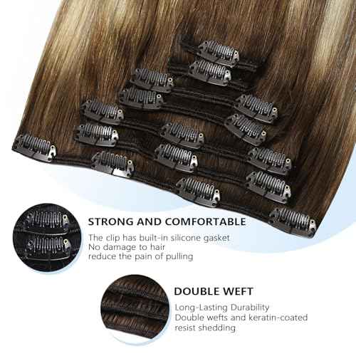 COOKAYU Clip in Hair Extensions Real Human Hair, 14inch 120g 7Pcs 3/8/22 Walnut Brown to Ash Brown and Blonde Hair Extensions Clip in Human Hair Thick Silky Straight Extensions