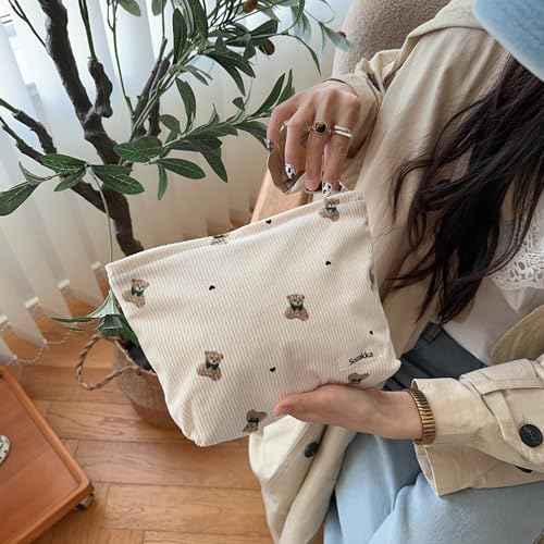 Cute Small Soft Corduroy Zipper Makeup Bag for Purse, Coquette Aesthetic Pouch with Bear Pattern for Women Girls, Kawaii Travel Cosmetic Bags£¨03Beige£©