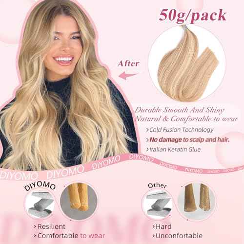 I Tip Hair Extensions - Human Hair,#22/16 Light gold highlighted blend 22 Inch For Women Soft & Natural Itip Human Hair Extensions 50g 50s