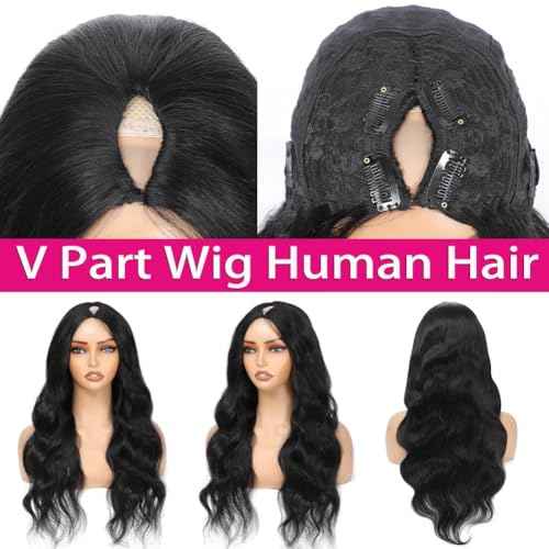 V Part Wig Human Hair Body Wave Upgrade U Part Human Hair Wig With Clips Glueless Wigs Human Hair Beginner Friendly 18 Inch V Shape Clip In Half Wigs for Women No Leave Out 180% Density