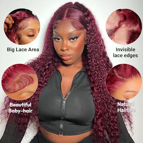 Estilar 99j Burgundy Lace Front Wigs Human Hair 13x6 Deep Wave Lace Front Wigs Human Hair Pre Plucked 200 Density HD Transparent Wet and Wavy Red Color 18 Inch