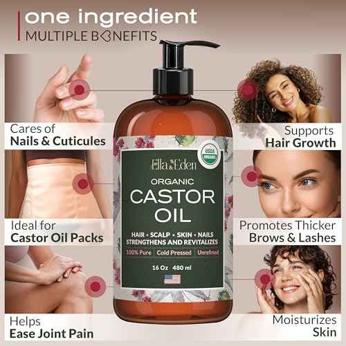 Ella & Eden Castor Oil Organic ? Cold Pressed Hexane-Free Unrefined Glass Bottle - For Hair Growth, Face, Skin - USDA Certified 100% Pure ? 16 Fl Oz