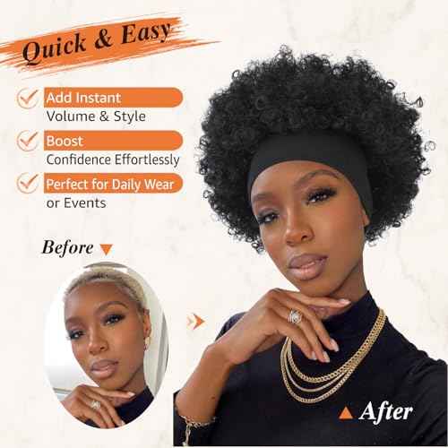 Afro Curly Headband Wig for Black Women,Short Kinky Curly Synthetic Wig with Super Elastic Headband Glueless Quick Wear And Go Fluffy Bouncy Afro Wig for Daily Party(T33)