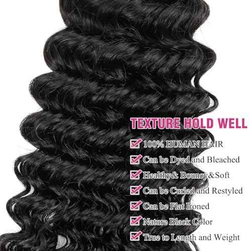 Human Hair Bundles Deep Wave Brazilian Virgin Human Hair 3 Bundles Deals 12 14 16inch 100% Unprocessed Brazilian Deep Wave Curly Bundles Weaves for Black Women Nature Black