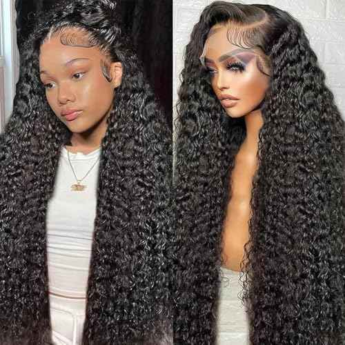 13x6 Deep Wave Lace Front Wigs Human Hair HD Lace Front Wigs for Black Women Pre Plucked Brazilian Deep Curly Human Hair Wig 180% Density Glueless Frontal Wigs (22 Inch)