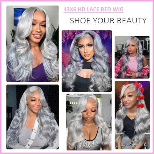 13x6 Grey Lace Front Wigs Human Hair Pre Plucked with Baby Hair 180 Density Glueless HD Transparent Lace Frontal Body Wave Wigs Human Hair for Black Women Silver Grey Colored Wig 22 Inch