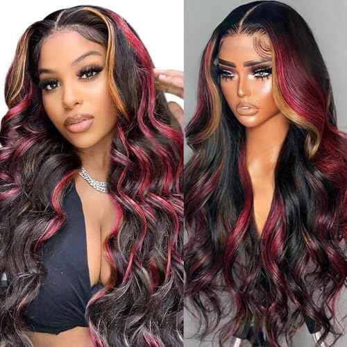 13x6 Burgundy Lace Front Wigs Glueless Pre Plucked Red Blonde Highlight Omber Lace Front Wigs 180% Density Wear and Go Wigs 22Inch